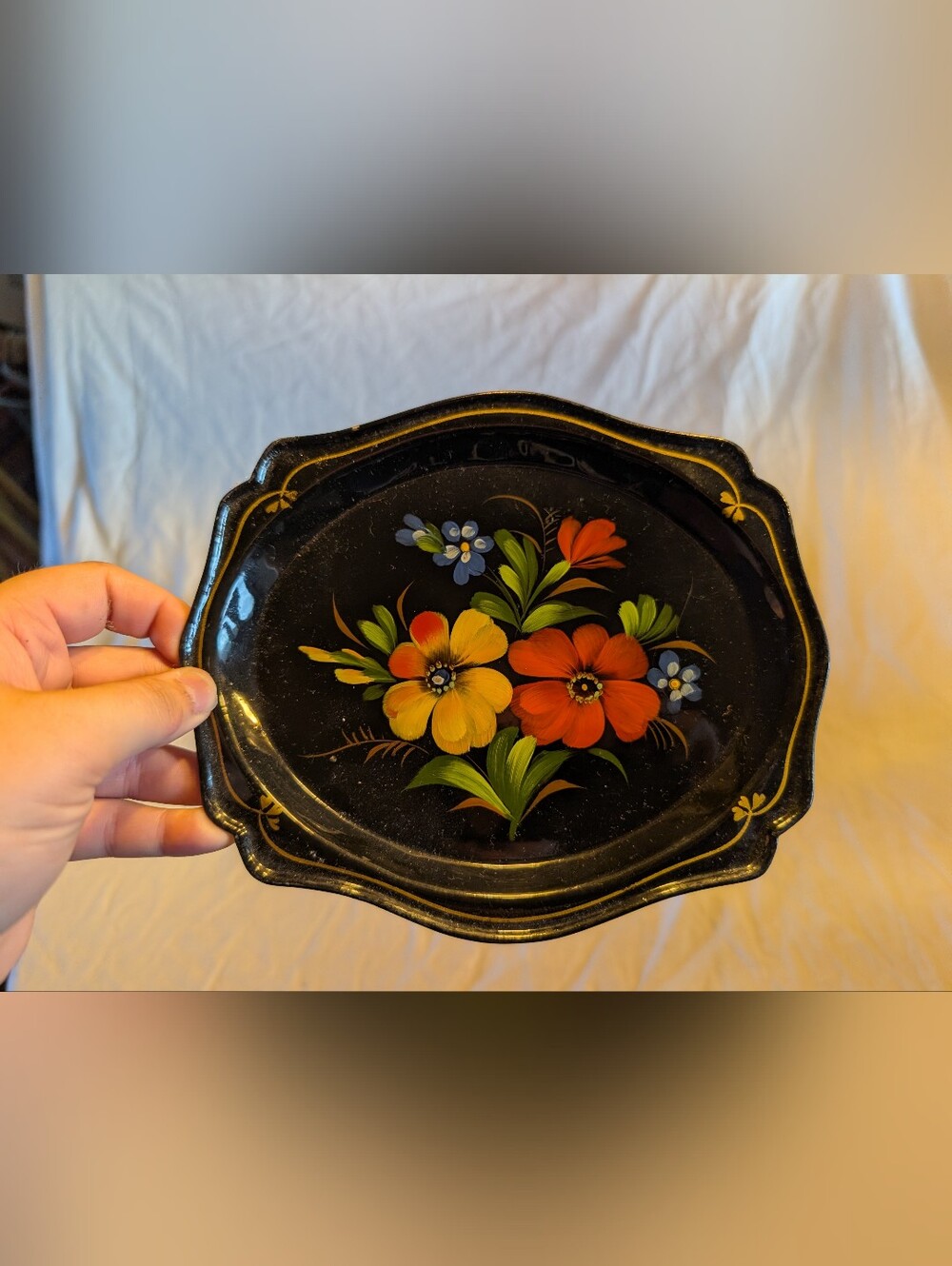 2/30$ Vintage Black Floral Accent Tray with Yellow & Red Blooms